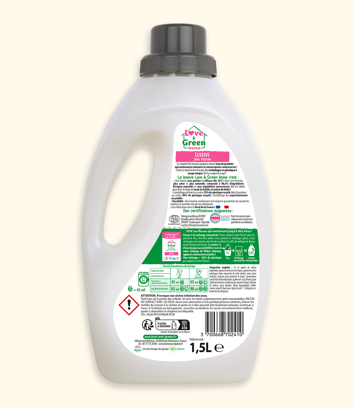 Lessive certifiée Ecodétergent sans Parfum - 1,5 L