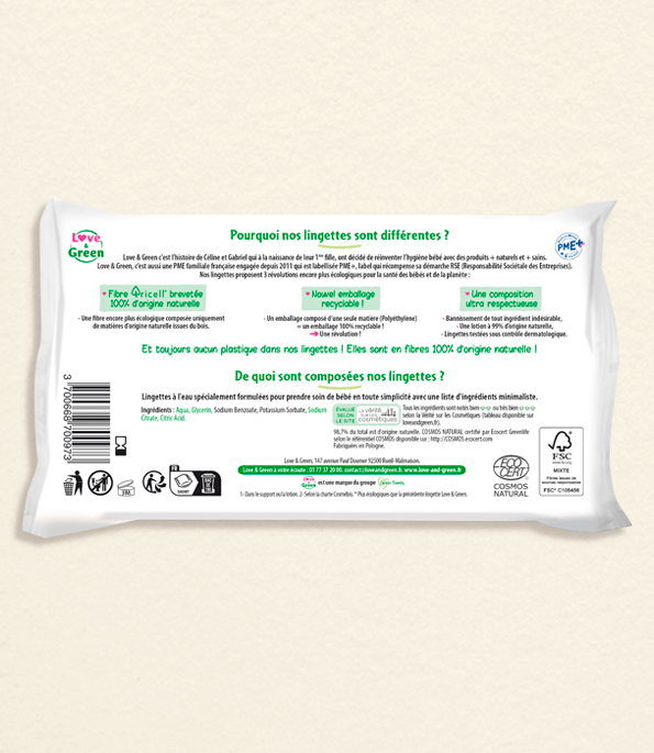 Love & Green Lingettes à la Fleur d'Oranger Saines et Ecologiques - Paquet  de 64 Lingettes - Certifiée Cosmo Natural par ECOCERT et FSC - Emballage